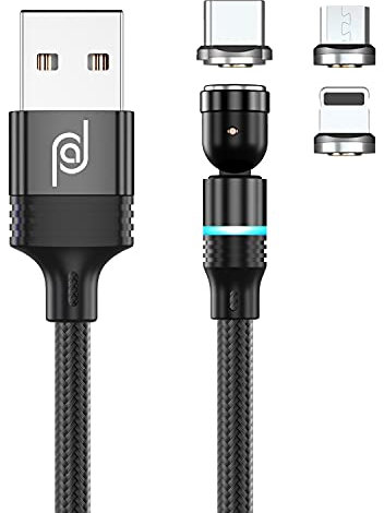 JJA Magnetic Charging Cable 3 in 1, 360°&180° Rotation Magnetic Phone Charger, 3A Nylon Braided Detachable Fast Charger, Data Transfer Cable for Micro USB, Type C, I-Connector (Black, Single Pack)