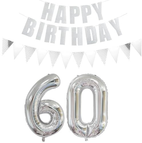 Luftballons Zahl 60 Silber + Happy Birthday Girlande + banner Folienballon 60.Geburtstags deko frau mann ballons 60 Jahre Geburtstag deko frauen Zahlenballon 60 Geburtstag dekoration Männer frau(60)
