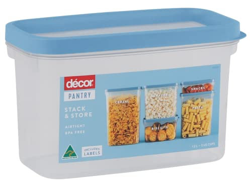 Décor Pantry Stack & Store Small Food Container | Airtight Kitchen & Pantry Storage | Includes Food Storage Labels | Clear - 1.2L