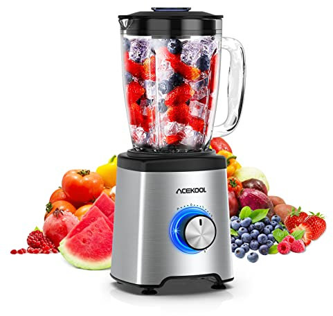 Batidora de Vaso, AceKooL 800W Licuadora Profesional, Batidora Smoothies con Jarra de Vidrio de 2000ml para Frutas y Vegetales,5 Velocidades Ajustables y 6 Cuchillas Afiladas,21000U/min,Sin BPA