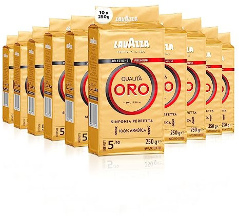 Lavazza, Qualità Oro, Café Molido Natural, 10 x 250 g, para Cafetera Italiana, de Filtro y Francesa, con Notas Aromáticas de Frutas y Flores, 100% Arábica, Intensidad 5, Tueste Medio, Amazon Exclusive