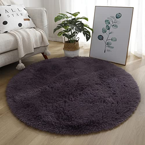 Lifup Teppich Shaggy Anti Rutsch Pflegeleicht, Rund Langflor Teppich für Wohnzimmer Schlafzimmer Kinderzimmer Grau Violett 80 cm