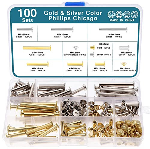 HSEAMALL Lot de 100 vis de reliure Chicago assorties, vis à tête cruciforme ronde en métal, rivet à clou Chicago, bouton pour décoration en cuir, ceinture de reliure DIY-M5 x 5/15/25/35/45 mm