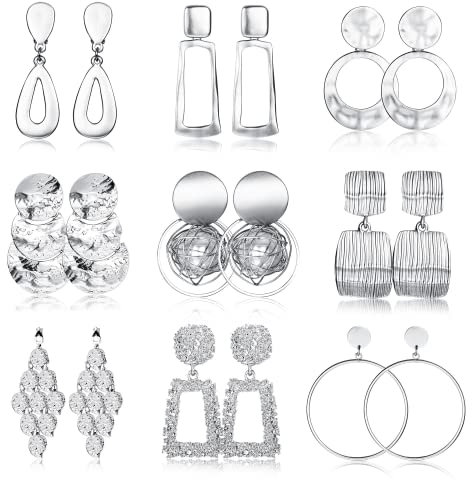 JeryWe 9 Paar Clip Ohrringe Damen Tropfen Statement Ohrringe Set Rechtwinklig Rund TrapezföRmig Quadratisch Leichtgewichtig GroßE Metall Geometrische Ohrclips Nicht Durchbohrte Ohrhänger Set(Silber)