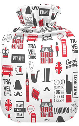 London City Landmarks Hot Water Bottle with Cover, 1 L Transparent Hot Water Bag Hot Cold Compress, Great for Cramps Back Shoulder Pain Relief, Kids Men Women Hand Foot Warmer