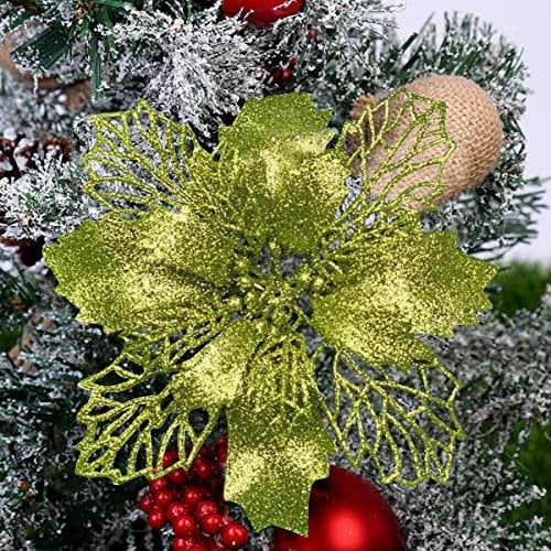 Yueshop 10 PCS Christmas Flowers Large (15CM) Poinsettia Glitter Flower Christmas Tree Hanging Party Xmas Decor(Green)