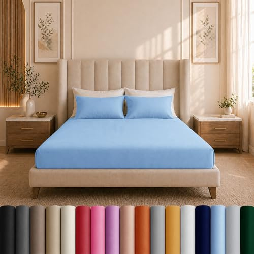 Moonlight Bedding Single Fitted Sheet - 25cm Deep Pockets Elastic Light Blue Fitted Bed Sheets - Brushed Microfiber Fade Resistant, Shrinkage & Wrinkle free Easy Care Fitted Bed Sheets (91 x 190 Cm)
