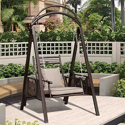 Outdoor-Schaukel, Gartenschaukelstuhl, Hängesessel, Gartenvilla, Schmiedeeisen, Einzel-/Doppelschaukel mit Kissenrücken (Brown Single)