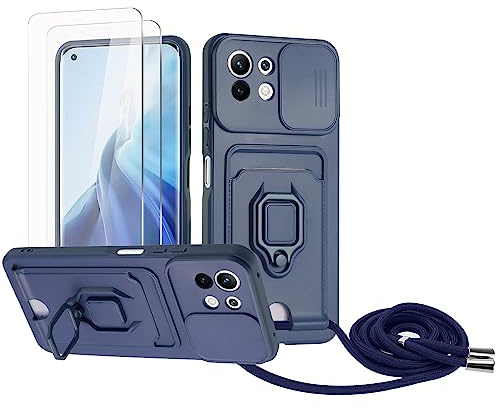 Zallagre Handykette Hülle kompatibel mit Xiaomi Mi 11 Lite 4G/5G/Mi 11 Lite 5G NE.[2 Stück] Schutzfolie Glas,Kameraschutz,360 Grad Ringhalter Stand,Kartenfach,Silikon hülle-Marineblau