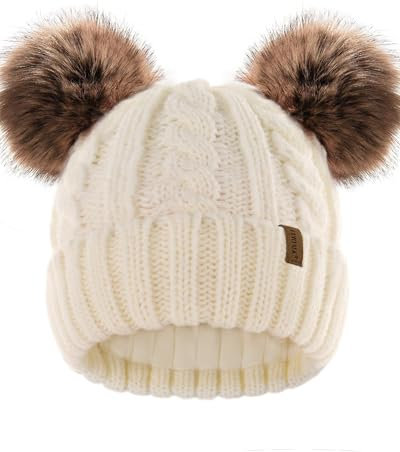 FURTALK Unisex Baby Kleinkind Kind Fleece gefütterte niedliche Beanie Strickmütze mit doppelten Kunstpelz Bommeln Warme Wintermütze für Mädchen und Jungen