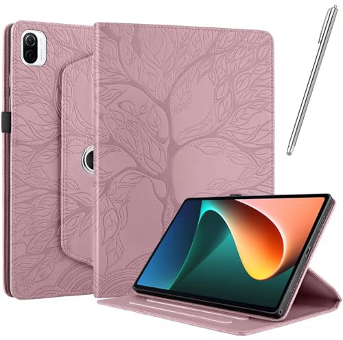Netany Funda para Xiaomi Pad 5 / Pad 5 Pro con lápiz Capacitivo, Piel sintética con Tapa función Atril Soporte para lápiz Árbol de La Vida Funda [Auto-Reposo/Activación] - Oro Rosa