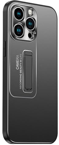 LXURY Hülle für iPhone 15 Pro Max/15 Pro/15, Unsichtbarem Ständer Handytasche mit Screen Kamera Schutz Metall Kratzfest AntiFingerabdruck Hülle,Schwarz,15''
