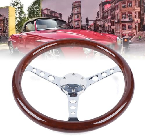 Holzlenkrad Auto, 5 Zoll 380MM Auto Modifikation Zubehör Lenkrad, 6 Loch Mahagoni Vintage Lenkrad, Professionelle Holzgriff Edelstahl Speiche, mit Hupenknopf, für Klassische Auto Universal, Braun