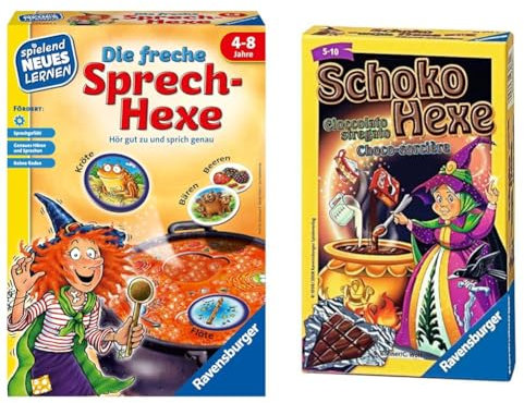 Ravensburger 24944 - Die freche Sprech-Hexe - Spielen und Lernen für Kinder & 23082 - Schoko Hexe, Mitbringspiel für 2-6 Spieler, Kartenspiel ab 6 Jahren, kompaktes Format, Reisespiel