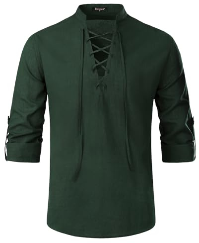 Enlision Leinenhemd Herren Langarm Freizeithemd Mitteralterhemd Herren | Baumwoll Leinen Hemd, Leinenhemd mit Schnürung, Vintage, für Mittelalter, Wikinger, Pirat, Cosplay, Ghillie Kilt Outfits