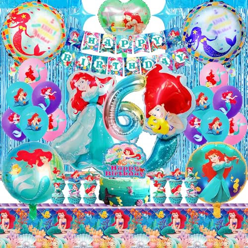 Meerjungfrau Geburtstag Deko 6 Jahre, Ariell Geburtstagdeko mit Folienballon, Meerjungfrau Luftballon Party Deko mit Glitzervorhang, Happy Birthady Girlande, Tortendeko, Tischdecken für Mädchen