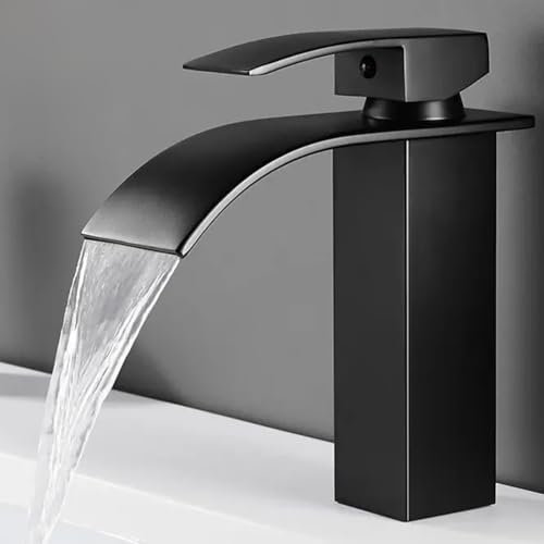 ANMECS Rubinetto Bagno lavabo Nero a Cascata in Acciaio Inox 304, Miscelatore Lavabo bagno Opaco Monoforo, Miscelatore Monocomando Caldo e Freddo Regolabile (Nero)