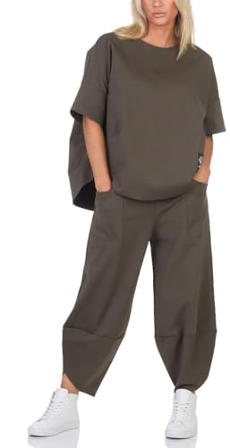 simaranda Damen Jogginganzug Zweiteiler für Freizeit und Sport Trainingsanzug Hausanzug Hoodie und Hose 6170 (DE/NL/SE/PL, Numerisch, 36, 42, Regular, Regular, Olive)
