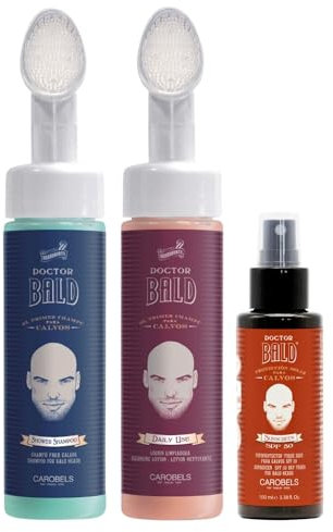 Doctor Bald Pack Cuidado y Protección | Champú + Loción Hidratante + Protector Solar para Calvos. Tratamiento de Hidratación y Limpieza del Cuero Cabelludo. Proteción Solar 50 FPS - 500ml
