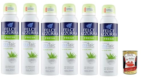 Felce Azzurra Deodorant deo Spray Fresh mit Aloe Vera, IdraTalc Formel, 48 Stunden Wirksamkeit, Fleckenlos 6x 150 ml + Italian Gourmet polpa 400g