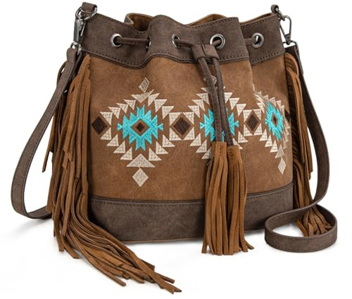 Montana West Azteken-Beuteltasche für Damen, Western-Fransen, Umhängetasche, Vintage-Stil, mit Kordelzug, Braun