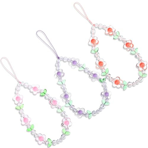 PEOVLVN 3 Pcs Phone Charms Strap, Flower Phone Charm Beaded Phone Wrist Strap Cute Phone Keychain Phone Bracelet Strap for Women Phone Case Decoration Pearl Phone Lanyards