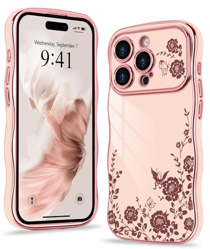 Wirvyuer for iPhone 15 Pro Case Plating Wave Frame Floral, Pink | Cute Flower Phone Case Curly Frame with Luxury Gold Plated Bumper, Shockproof Raised Full Camera Protection Cover for Women