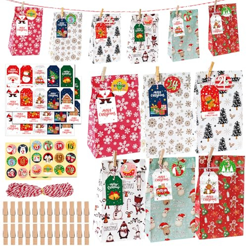 Adventskalender 2026,Adventskalender Tüten zum Befüllen groß mit 24 Geschenk Weihnachts-Papiertüten,Aufkleber und Holzklemme,Weihnachtskalender zum Befüllen Weihnachtsbaum,Schneeflocken,Weihnachtsmann