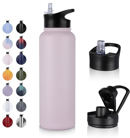 UMBFUN Edelstahl Trinkflasche - 1.2L - mit Strohhalm,Auslaufsicher,Kohlensäure Geeignet,BPA frei Thermosflasche(+2 Deckel) Vakuum Doppelwandisolierung für Sport,Reisen,Camping,Schule,Fahrrad,Gym