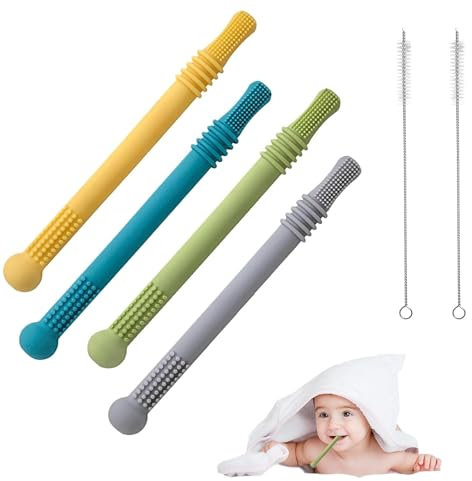 Juego de 6 mordedores para bebé, de silicona, PP, palitos para masticar huecos, sin BPA, para dentición, ayuda dental, adecuado para a partir de 3 meses con 2 cepillos de paja