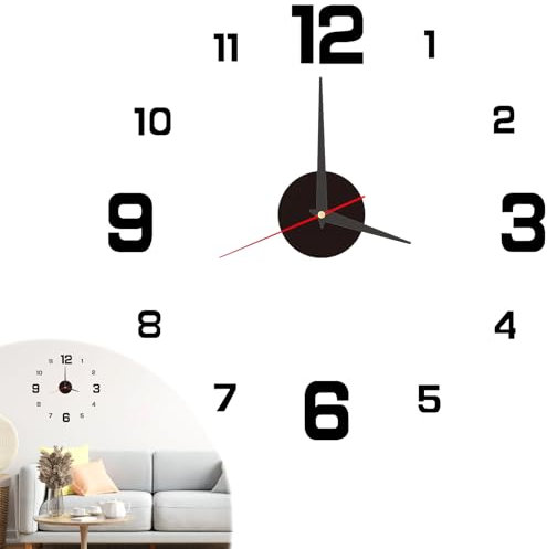 40 cm Wanduhr 3D DIY mit selbstklebenden Zahlen, moderne Wanduhr mit leisem Uhrwerk, ideal zur Dekoration im Wohnzimmer, Schlafzimmer, Küche, Büro, einfache Installation, Schwarz