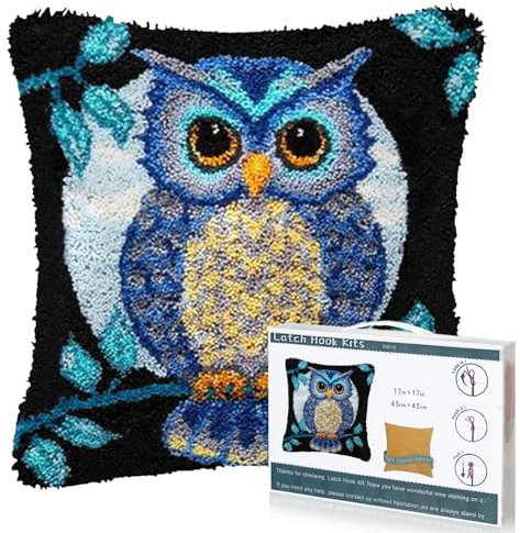 EsLuker.ly Full Moon Owl Latch Hook Pillow Kit for Adults Beginners, DIY Throw Pillow Cushion Cover Making Set with Pre-Printed Canvas & Crochet Yarn, Creative Latch Hook Craft Kits for Home Decor