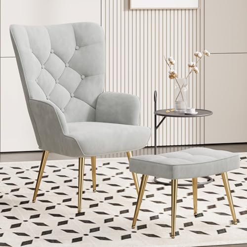 Hawthyhome Eleganter Sessel polsterstuhl Ohnzimmer Sessel Schminktisch Stuhl mit Hocker mit Metall Beinen fürs Wohnzimmer/SchlafzimmerBis 150 KG belastbar Graue