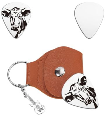UNICRAFTALE 1 Stück Gitarrenplektren Geschenk Edelstahl Gitarrenplektren Bauernhof Kuh Motiv Personalisiertes Lustiges Tier Plektrum Mit PU Lederhülle Gitarrenzubehör Für Musikerliebhaber