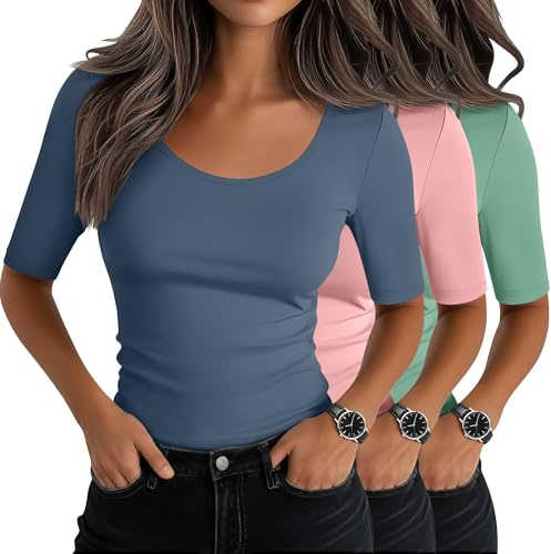 Neer 3 Pack Women's Scoop Neck Half Sleeve Tops | Slim Fit T-Shirts, 1/2 Sleeve Shirts, Tight Casual Tees, Elbow Sleeve, Layer, Cotton Blend, Stretchy, Cover Arms, Daily Wear
