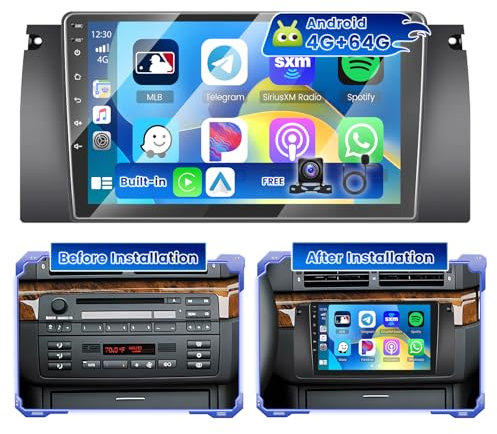 Hikity 4G+64G Android 15 Radio Coche para BMW Serie 5 (X5/E39/M5/E53) 1996-2003 con Pantalla Táctil de 9 Pulgadas, Radio 2 DIN con Carplay Android Auto inalámbrico Radio FM/RDS BT GPS WiFi + Cám+Mic
