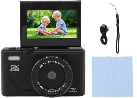5K Digitalkamera für Fotografie Autofokus, 75 MP Vlogging-Kamera mit 3 Zoll 180 ° Flip-Bildschirm, 18x Anti-Shake 5K Kompaktkamera (Black)
