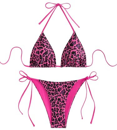 GORGLITTER Bikini Damen Set Sexy Tanga Triangel Leo Neckholder Bikini Set Sommer Strand Zweiteiliger Badeanzug Bademode Swimsuit Heißes Pink L