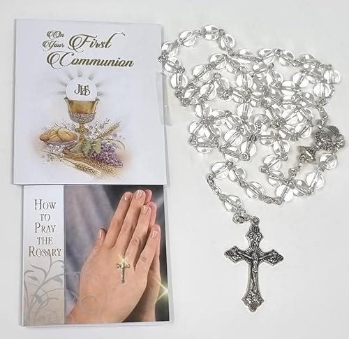 Rosenkranz zur Erstkommunion, klares Glas, Anleitung zum Beten des Rosenkranzes, Broschüre zur Kommunion und Geschenkanhänger in einer Geschenkbox für Sie oder Ihn