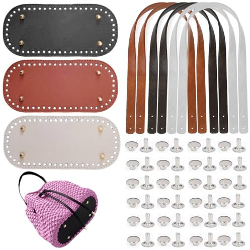 Zasvec Taschenboden zum Häkeln 3 Stück Tasche Taschenboden PU mit Taschenhenkel und Nieten Kunstleder Boden Tasche Häkeln PU-Leder Taschengriffe Taschenboden Set für Handtasche DIY, 22CM