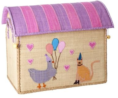 RICE Aufbewahrungskorb Party Animal | Handgefertigter Korb aus Raffia mit rosa Details, Klappdeckel & Griffen | Spielzeugkorb Kinderzimmer, Größe S (37 x 25 x 31 cm)