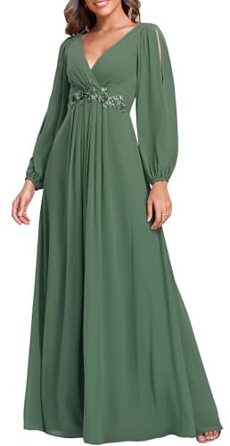 Ever-Pretty Abito da Sposa Premaman, Taglia Forte, Lungo, Maniche Lunghe, Scollo A V, in Mussola, con Applicazione Plissettata Verde eucalipto 40