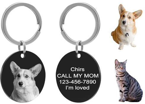Placa Perro Personalizada Redonda, 3 Tamaños (20/25/30 mm), Grabado Láser Doble Cara, Chapa con Foto & Texto (Hasta 4 Líneas), Identificación Anti-Pérdida, Regalo Recuerdo para Amantes de Mascotas