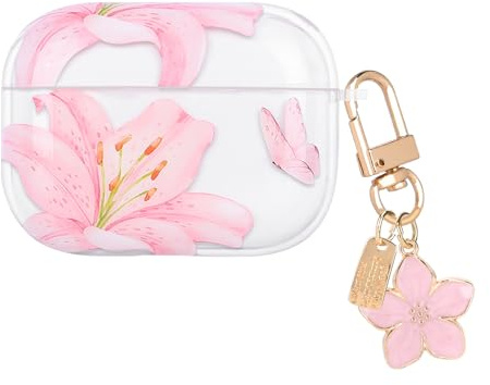 DiyGody Transparent Case Compatible for Airpods Pro/Pro 2 Generation with Flower Pendant, Cute Cover with Pink Lily Flower Pattern for Girl, Protective Case in Shockproof Anti-scratches Anti-slip TPU
