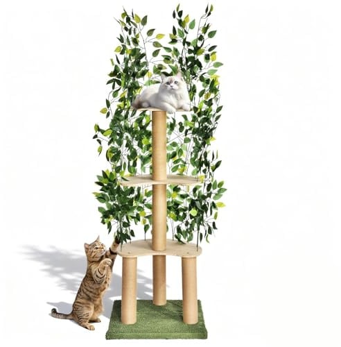 Tiragraffi con foglie, 150 cm, albero per gatti stabile e salvaspazio, 3 livelli antigraffio e 3 colonne tiragraffi, arrampicata, nascondere, dormire, facile da montare, sicuro per animali domestici e