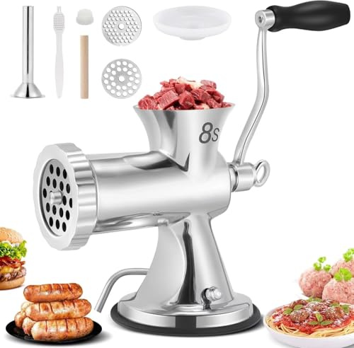 Manual Meat Grinder with Stainless Steel Construction, 4.5mm/8mm Plates, Hand Crank for Fresh Ground Beef, Sausages, and Pet Food, Compact and Dishwasher Safe