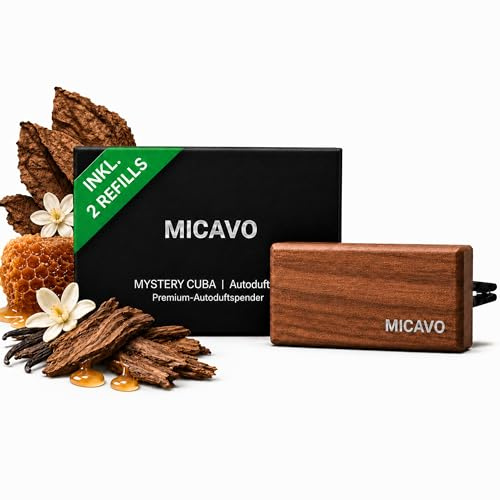MICAVO Autoduft Mystery Cuba – Auto Parfüm für die Lüftung, aus echtem Walnussholz, warm & holzig, Duftspender Auto inkl. 2 Refills, bis 45 Tage Duft, kein Auslaufen, Lufterfrischer Auto