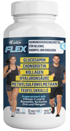 Italian Elite® Flex Integratore Articolazioni, Ossa e Cartilagini - 120 cpr | Con Glucosamina, Condroitina, MSM, Collagene, Acido Ialuronico, Curcuma, Artiglio del Diavolo, Zinco, Vitamine e Minerali