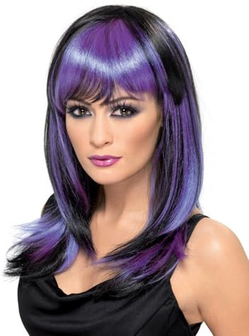 Smiffys Perücke Glamour-Hexe, Schwarz und Purpur, Lang mit Fring