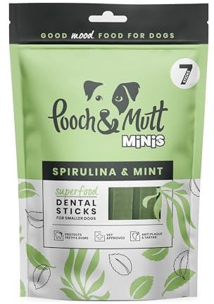 Pooch & Mutt - Superfood Dog Small Dental Sticks, Spirulina And Mint Flavour Dog Dental Chew, 1 pack of 7 sticks